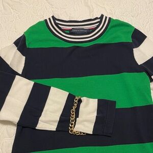 Tommy Hilfiger Women's Green and Navy Striped Long Sleeve Tee